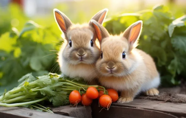 Look, nature, pose, rabbits, kids, a couple, Duo, vegetables