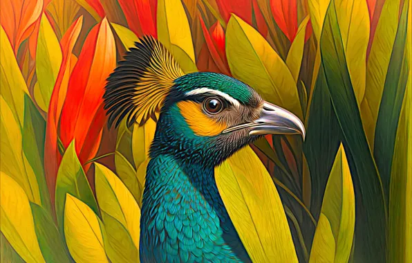Bird, portrait, peacock, painting, AI art, neural network