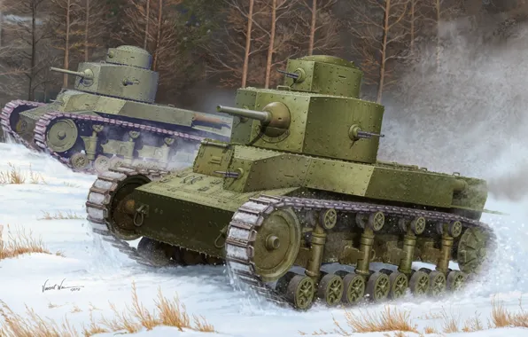 Picture winter, field, forest, snow, trees, art, tank, one