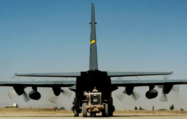 The airfield, Afghanistan, military transport aircraft, C-130 Hercules, loading equipment, operating base Farah, C-130H "Hercules"