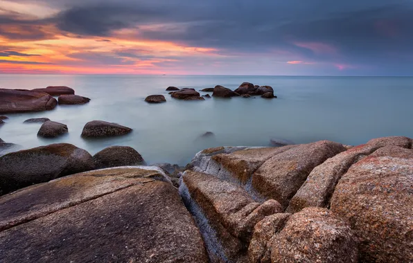 Sea, the sky, clouds, stones, rocks, glow