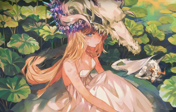 Leaves, girl, pond, dragon, skull, by Kanekiru