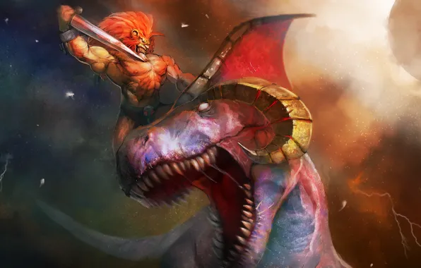 Dinosaur, sword, Leo, warrior, horns, battle