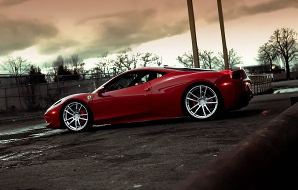 The sky, trees, clouds, the fence, profile, red, wheels, ferrari