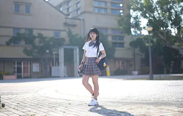 Picture girl, pretty, asian, skirt, sneakers