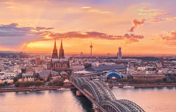 The sky, sunset, bridge, the city, river, Cathedral, Germany, Rhine