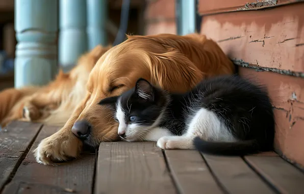 Cat, look, kitty, black and white, together, Board, sleep, dog