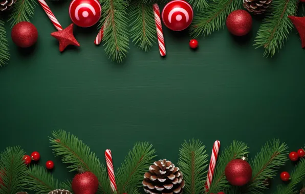 Balls, branches, Christmas, red, New year, needles, bumps, green background