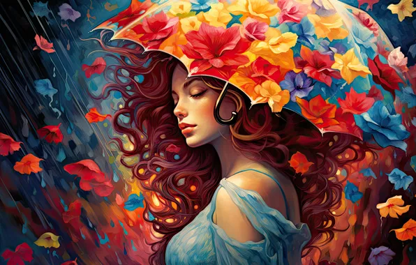 Flowers, umbrella, redhead, curls, imitation painting, AI art, neural network