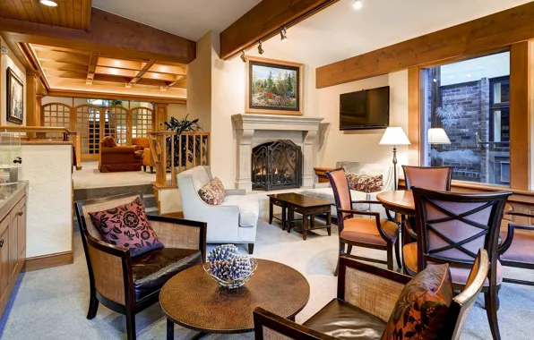 Design, style, interior, fireplace, living room, dining room, area