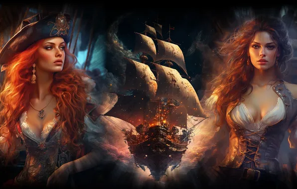 Girls, collage, ship, red hair, pirates, pirate ship