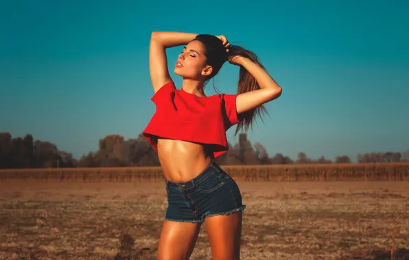 Picture field, the sky, the sun, trees, landscape, nature, sexy, pose