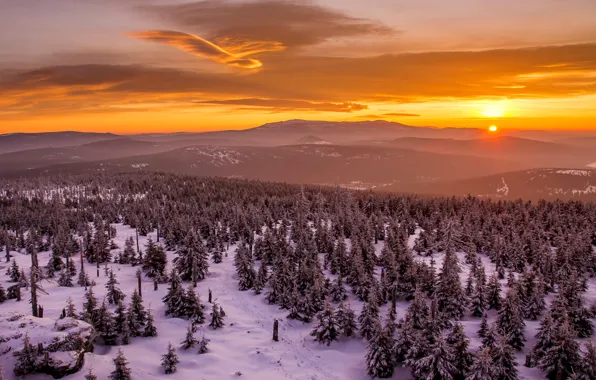 Picture winter, the sky, clouds, trees, sunset, mountains