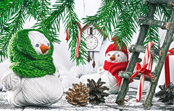 Background, gift, spruce, branch, New year, snowman, box, gift