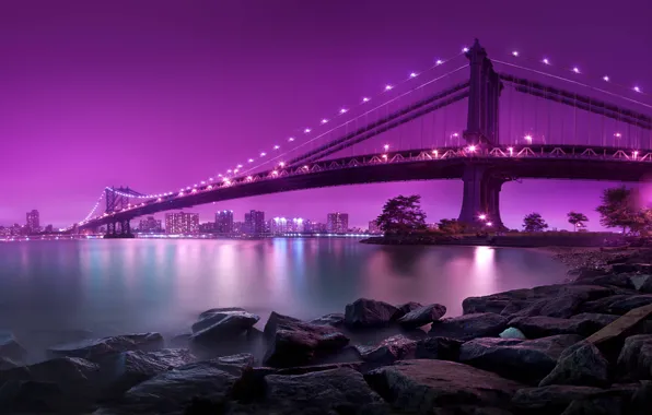 Picture water, night, lights, lights, stones, shore, New York, lighting, USA, USA, Brooklyn bridge, Manhattan, water, …