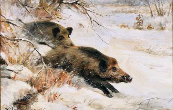 Winter, Trees, Snow, Running, Picture, Two, German artist, Wilhelm Lorenz