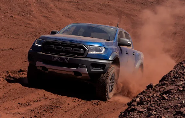 Picture blue, movement, Ford, dust, Raptor, pickup, 2018, Ranger