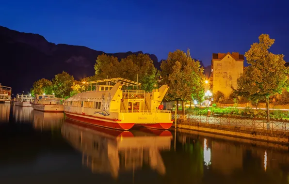 The sky, trees, landscape, mountains, lights, river, France, home