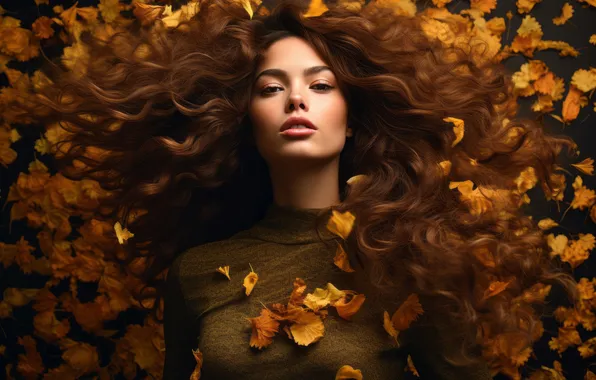 Autumn, look, girl, nature, face, foliage, portrait, lies