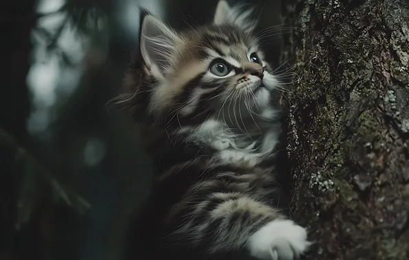 Cat, look, nature, pose, the dark background, kitty, grey, tree