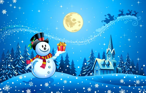 Snow, trees, snowflakes, watch, new year, home, scarf, snowman