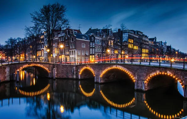 Picture bridge, lights, home, the evening, excerpt, Amsterdam, channel, Netherlands