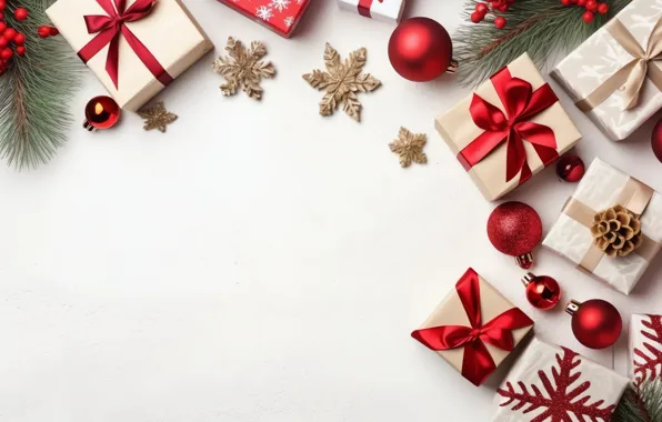 Balls, branches, Christmas, gifts, red, white background, New year, white
