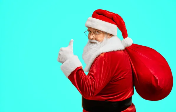 Christmas, New year, Santa Claus, bag, Santa Claus, gesture, turquoise background, like