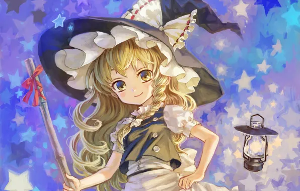Lantern, stars, broom, bow, pigtail, ruffles, witch hat, witch