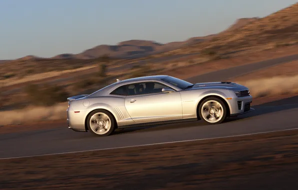 Road, mountains, speed, blur, silver, profile, Chevrolet, chevrolet