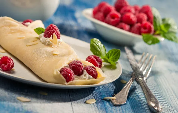 Raspberry, food, Closeup of raspberry pancakes with mint leaf