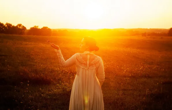 Girl, light, sunset, mood, butterfly