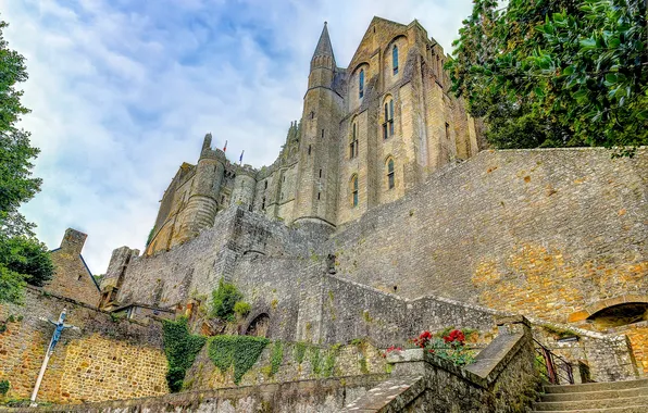 The sky, clouds, castle, wall, tower, the crucifixion