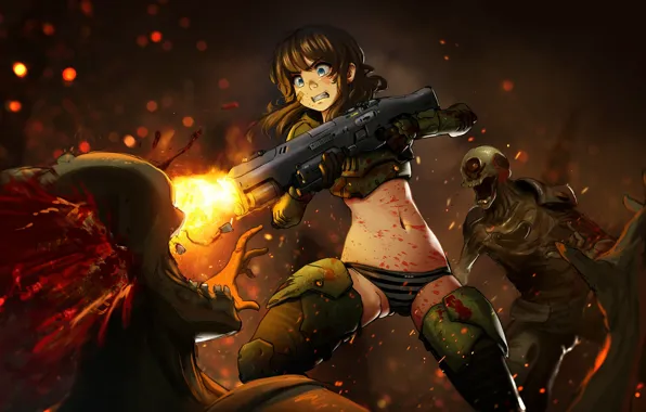 Picture girl, weapons, blood, the game, art, monsters, Doom 4