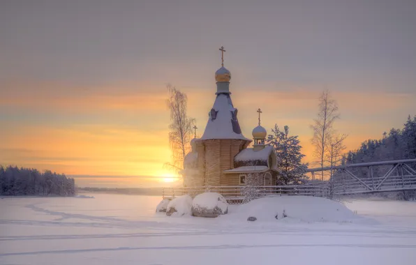 Winter, the sky, sunset, Church, Gordeev Edward