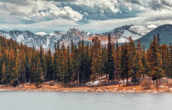 Autumn, forest, the sky, clouds, snow, mountains, shore, tops
