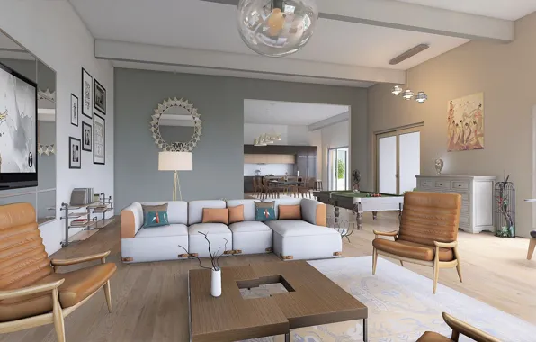 Design, style, interior, Billiards, kitchen, living room, dining room