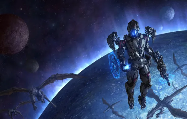 Picture space, magic, dragon, planet, robot, art, costume, machine