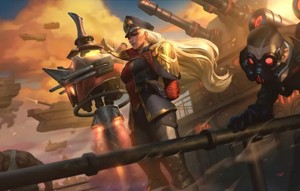 Picture guns, girl, fantasy, game, red eyes, captain, League of Legends, blonde