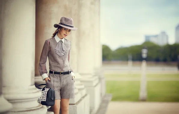 Model, shorts, hat, costume, tie, columns, blouse, brown hair