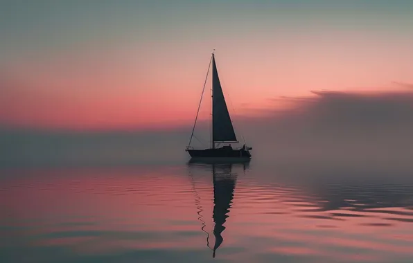 Sea, the ocean, dawn, morning, yacht, sail, calm, mast