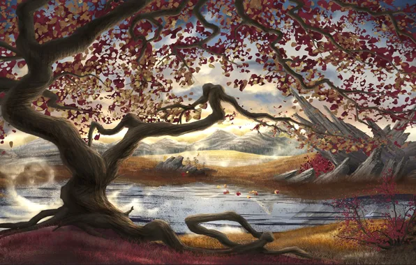 Trees, mountains, roots, river, stones, foliage, art, painted landscape