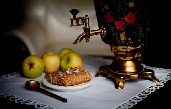 Table, tea, apples, spoon, the tea party, still life, samovar, pancakes