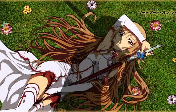 Grass, girl, flowers, sword, yuuki asuna, sword art online, sao, Yuuki Asuna