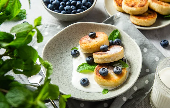 Berries, blueberries, bowl, sour cream, cheesecakes