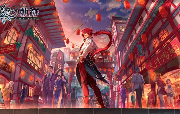 Picture lights, signs, characters, red hair, sideways, torii gate, The Legend of Heroes, city street