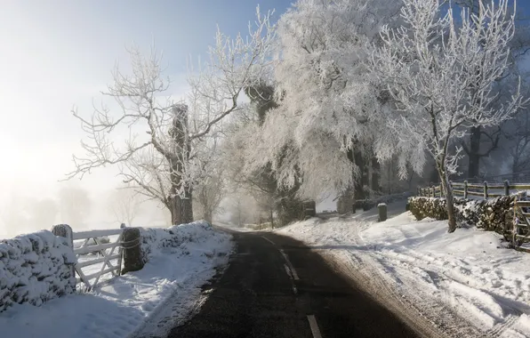 Road, winter, England, Staffordshire Moorlands, Alstonefield