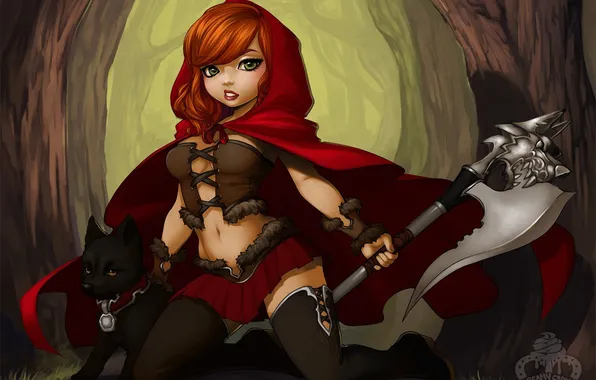 Picture girl, weapons, wolf, little red riding hood, art, puppy, axe, cloak