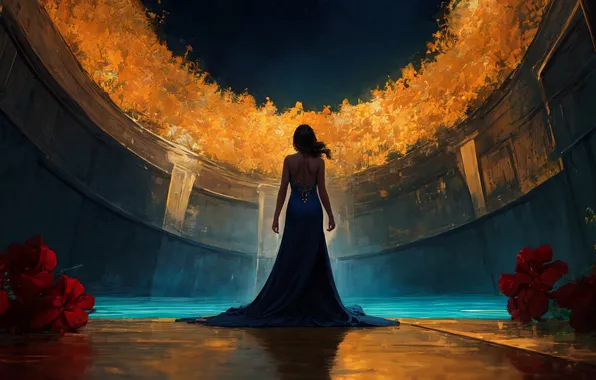 Girl, flowers, arena