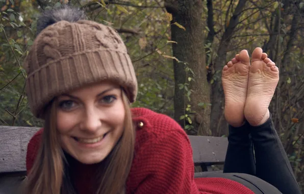 Autumn, girl, bench, smile, model, barefoot, lies, cap